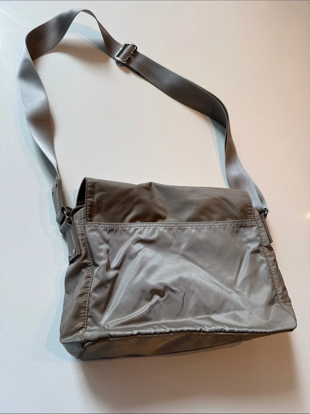 Vintage Longchamp Messenger Bag Crossbody with Branded Strap, Grey Taupe, Nylon